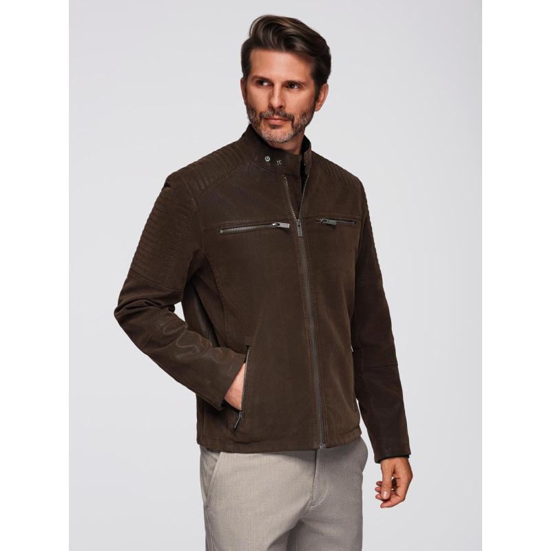 Štýlová pánska bunda z ekokože s golierom – tmavohnedá V1 C637