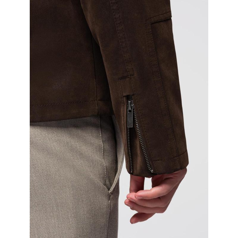 Štýlová pánska bunda z ekokože s golierom – tmavohnedá V1 C637