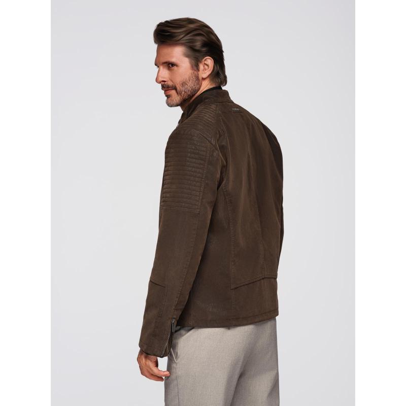 Štýlová pánska bunda z ekokože s golierom – tmavohnedá V1 C637