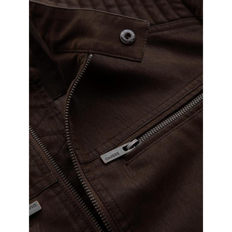 Štýlová pánska bunda z ekokože s golierom – tmavohnedá V1 C637