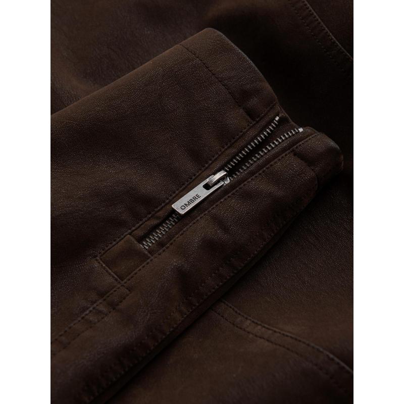 Štýlová pánska bunda z ekokože s golierom – tmavohnedá V1 C637
