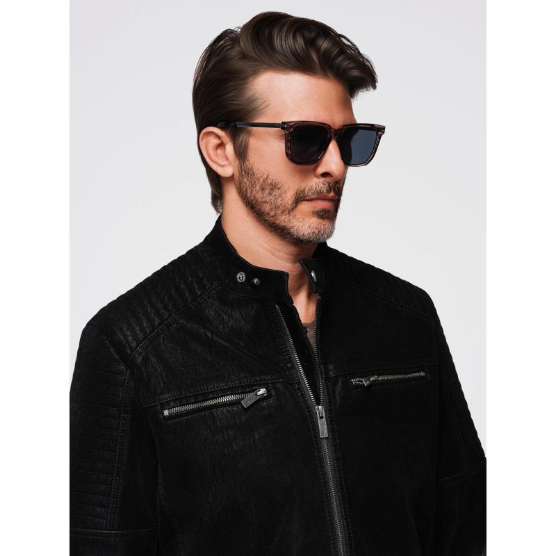 Štýlová pánska bunda z eko kože s golierom – čierna V2 C637