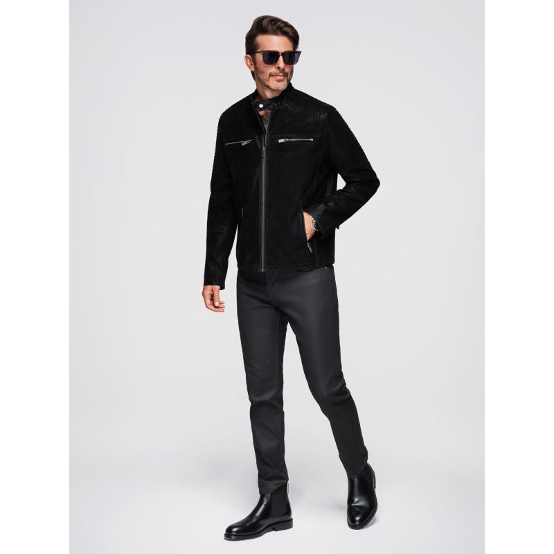 Štýlová pánska bunda z eko kože s golierom – čierna V2 C637