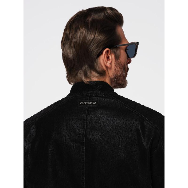 Štýlová pánska bunda z eko kože s golierom – čierna V2 C637