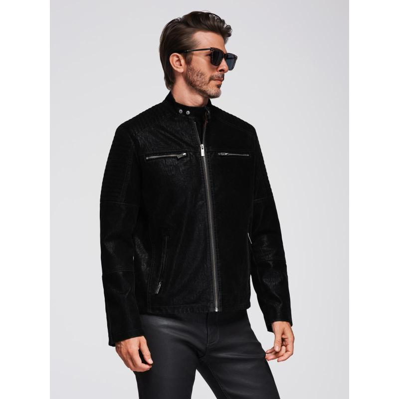 Štýlová pánska bunda z eko kože s golierom – čierna V2 C637