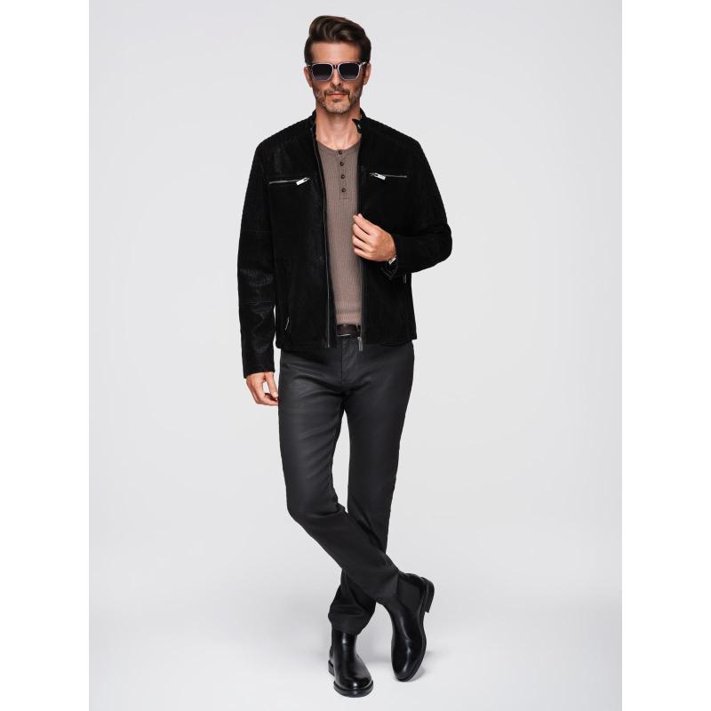 Štýlová pánska bunda z eko kože s golierom – čierna V2 C637