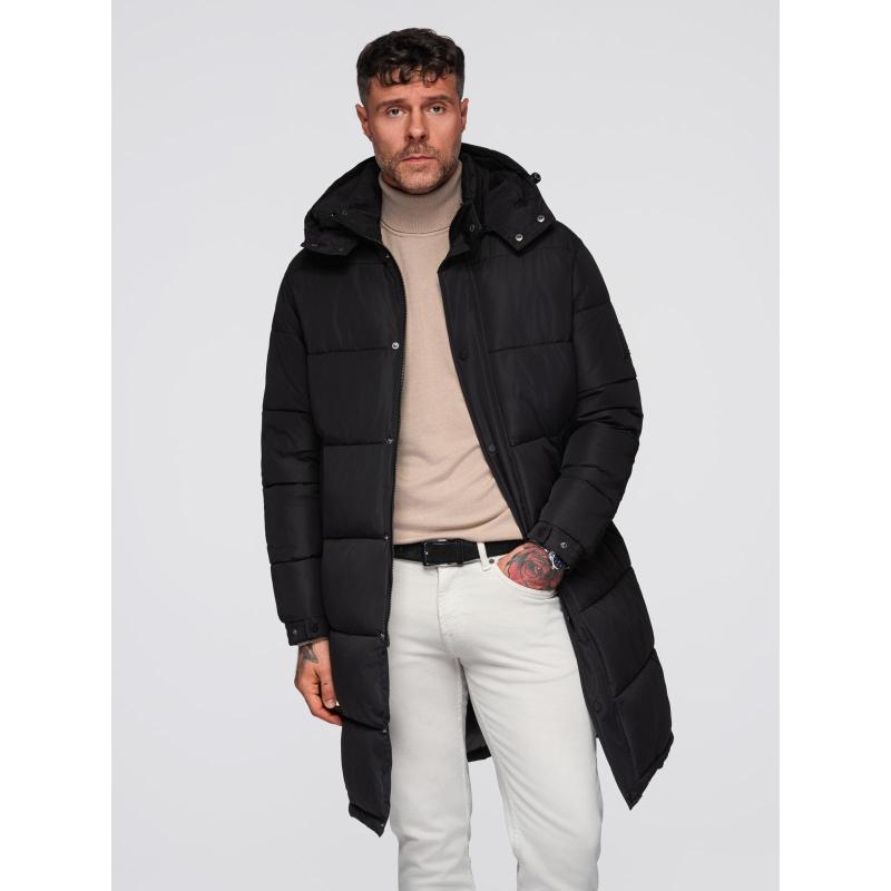 Pánska dlhá prešívaná zimná bunda s kapucňou – čierna V1 OM-JALJ-0309