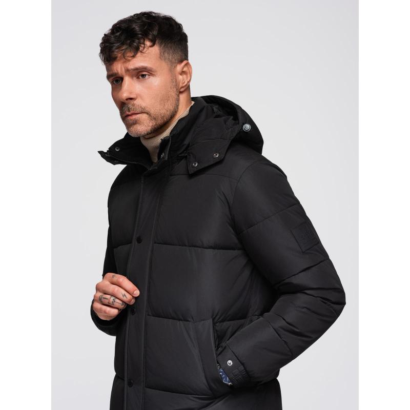 Pánska dlhá prešívaná zimná bunda s kapucňou – čierna V1 OM-JALJ-0309
