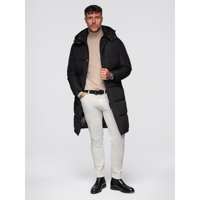 Pánska dlhá prešívaná zimná bunda s kapucňou – čierna V1 OM-JALJ-0309