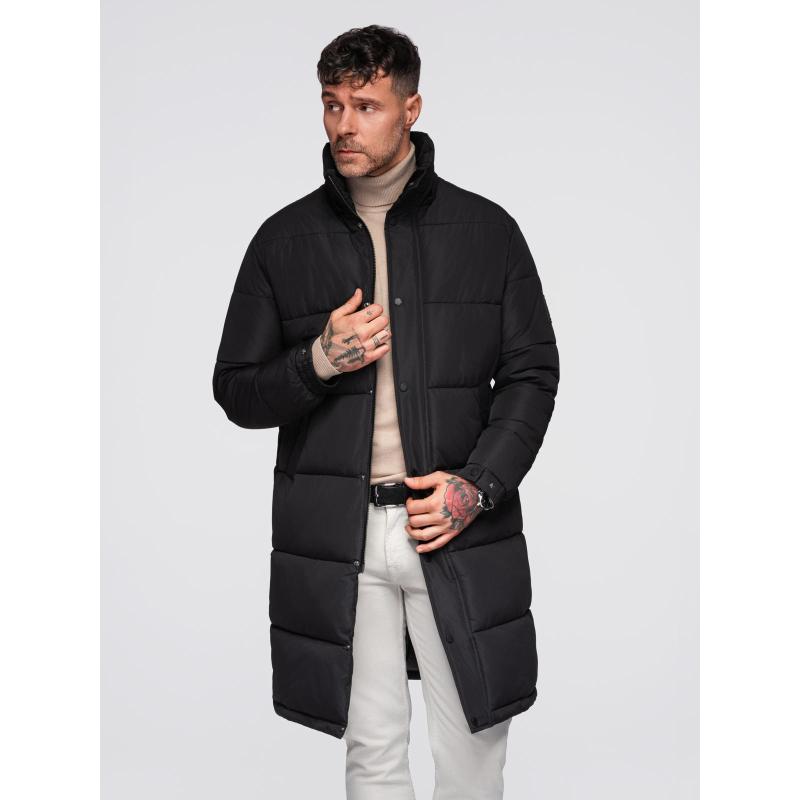 Pánska dlhá prešívaná zimná bunda s kapucňou – čierna V1 OM-JALJ-0309
