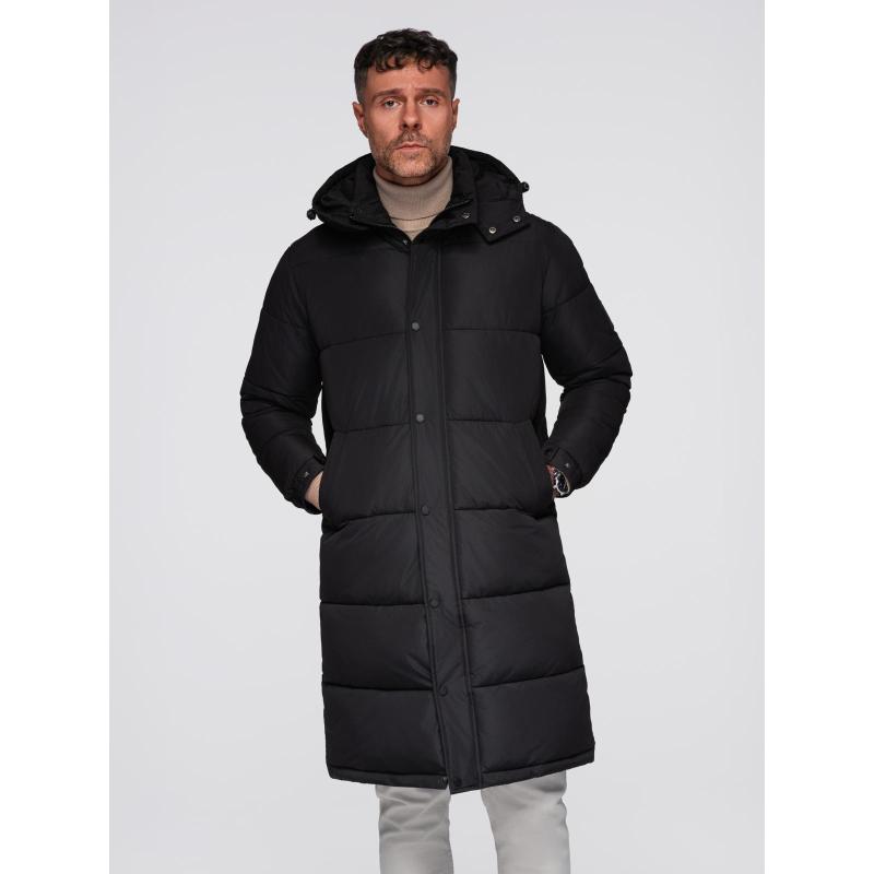 Pánska dlhá prešívaná zimná bunda s kapucňou – čierna V1 OM-JALJ-0309