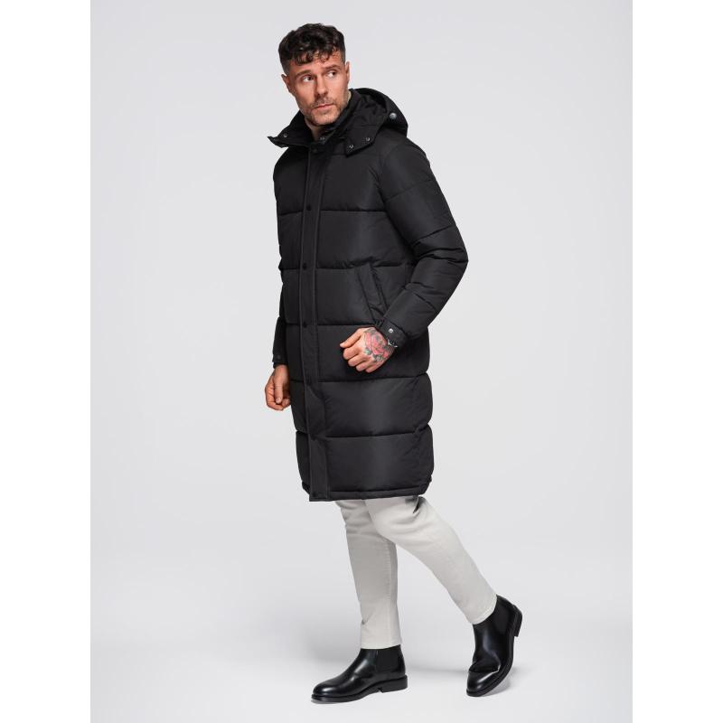 Pánska dlhá prešívaná zimná bunda s kapucňou – čierna V1 OM-JALJ-0309