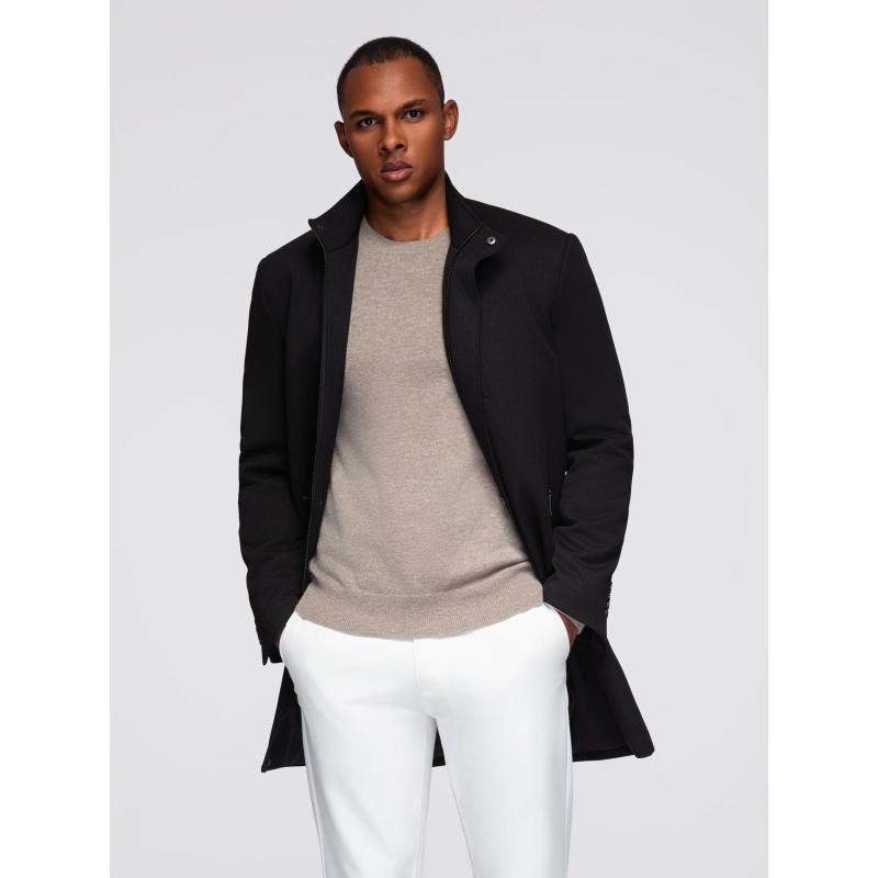 Férfi kabát magas gallérral és strukturált szabással – fekete V1 OM-COWC-0136