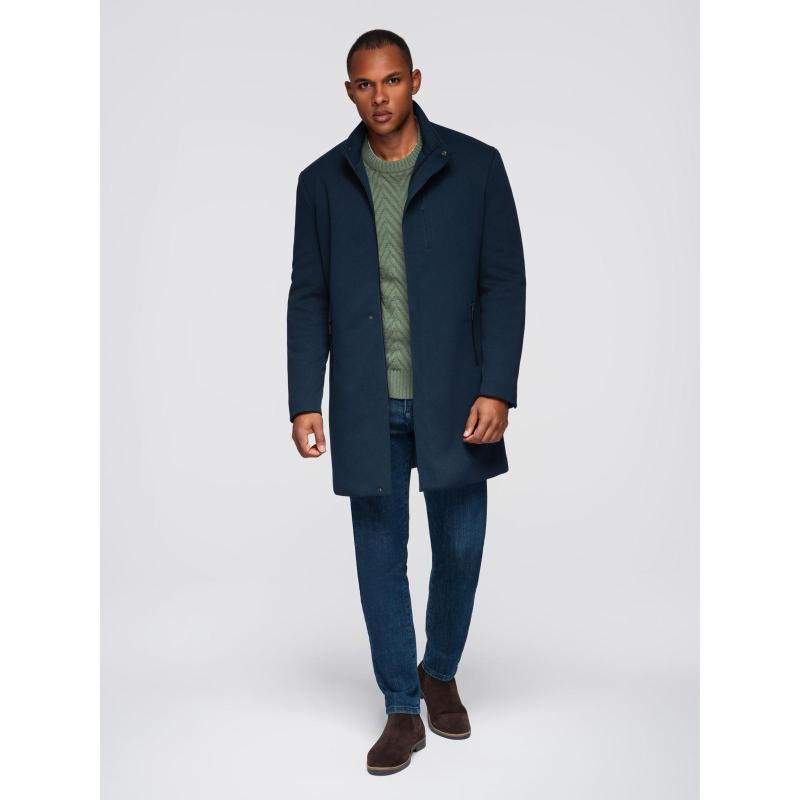 Férfi kabát magas gallérral és strukturált szabással – sötétkék V2 OM-COWC-0136