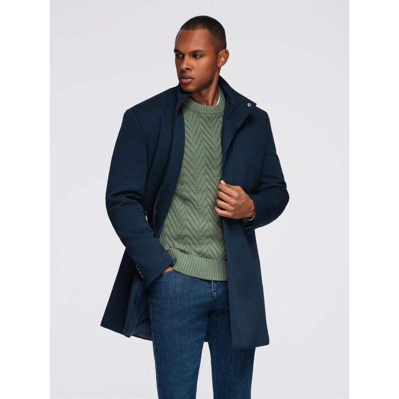 Férfi kabát magas gallérral és strukturált szabással – sötétkék V2 OM-COWC-0136