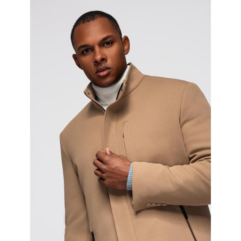 Strukturált férfi kabát magas gallérral – világosbarna V4 OM-COWC-0136