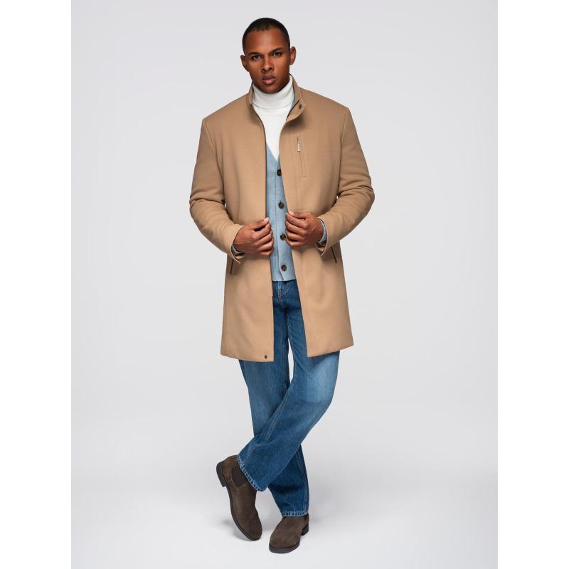 Strukturált férfi kabát magas gallérral – világosbarna V4 OM-COWC-0136