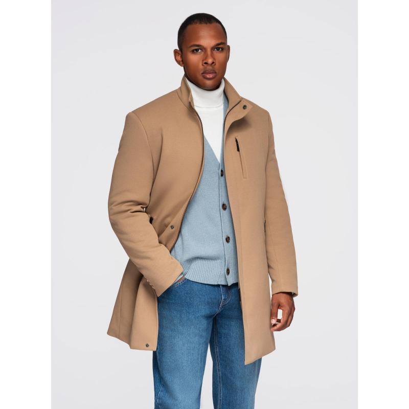 Strukturált férfi kabát magas gallérral – világosbarna V4 OM-COWC-0136