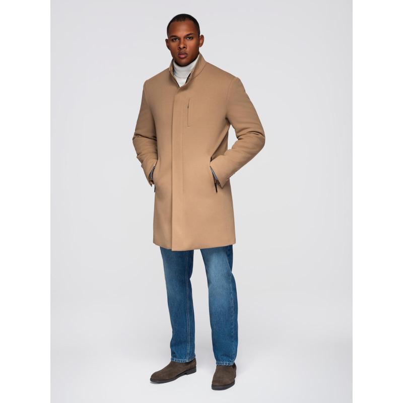 Strukturált férfi kabát magas gallérral – világosbarna V4 OM-COWC-0136
