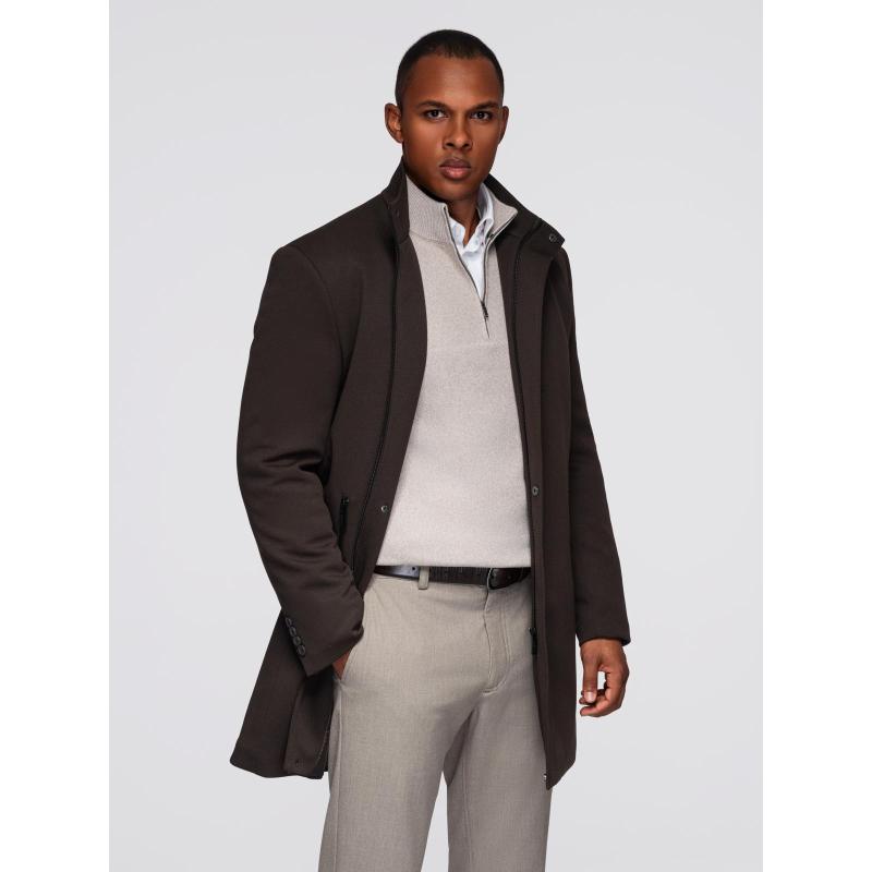 Strukturált férfi kabát magas gallérral – sötétbarna V5 OM-COWC-0136