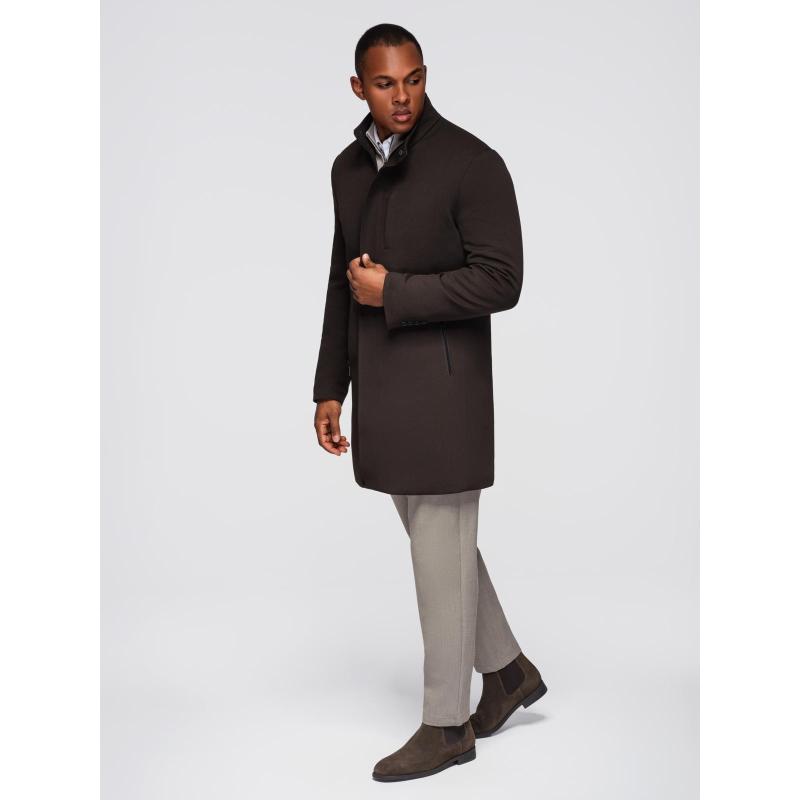 Strukturált férfi kabát magas gallérral – sötétbarna V5 OM-COWC-0136