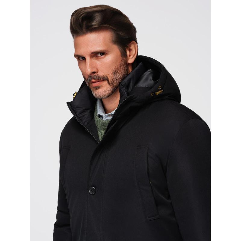 Elegantná pánska bunda s vreckami a kapucňou – čierna V1 OM-JAPJ-0287