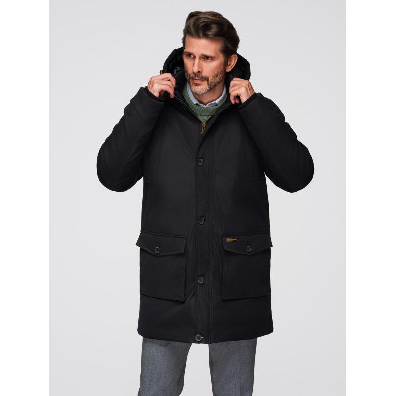 Elegantná pánska bunda s vreckami a kapucňou – čierna V1 OM-JAPJ-0287
