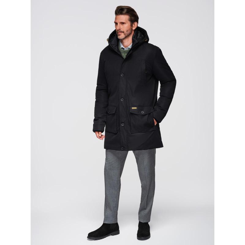 Elegantná pánska bunda s vreckami a kapucňou – čierna V1 OM-JAPJ-0287
