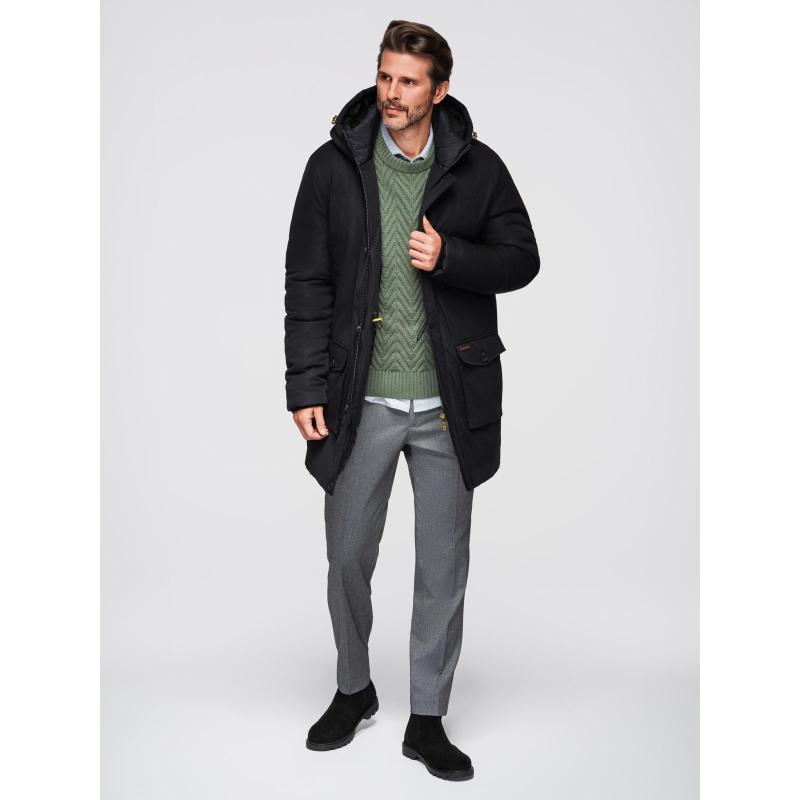 Elegantná pánska bunda s vreckami a kapucňou – čierna V1 OM-JAPJ-0287