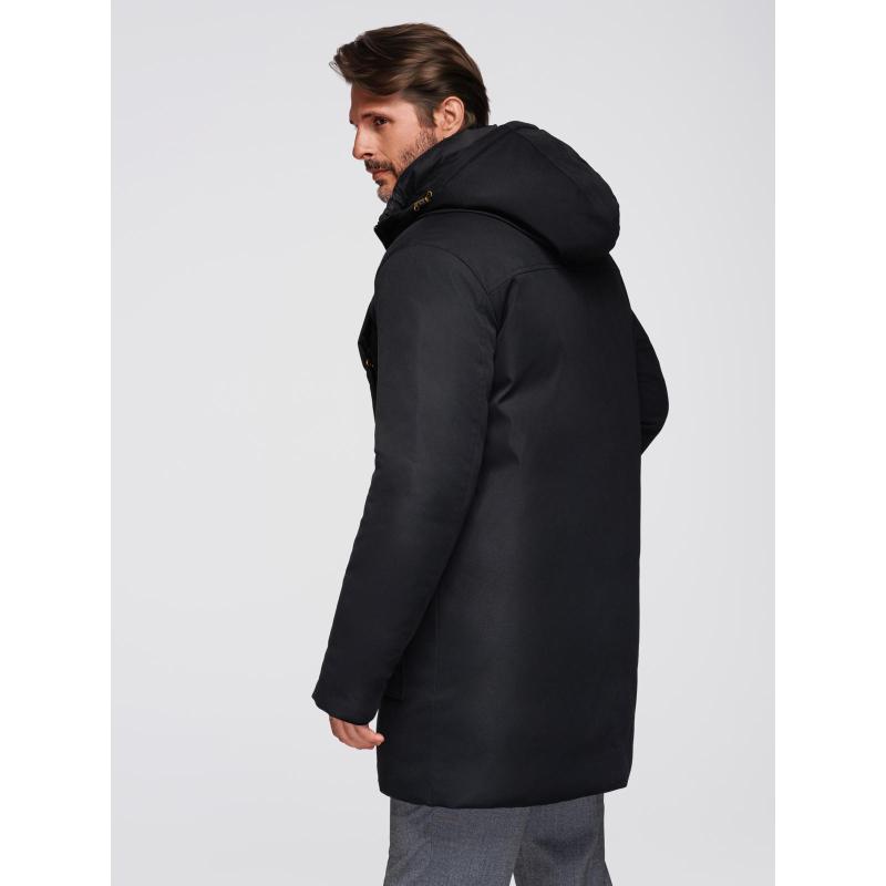 Elegantná pánska bunda s vreckami a kapucňou – čierna V1 OM-JAPJ-0287