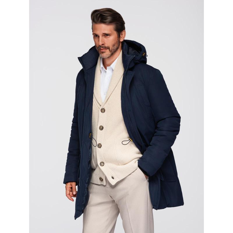 Elegáns férfi kabát zsebekkel és kapucnival – sötétkék V2 OM-JAPJ-0287