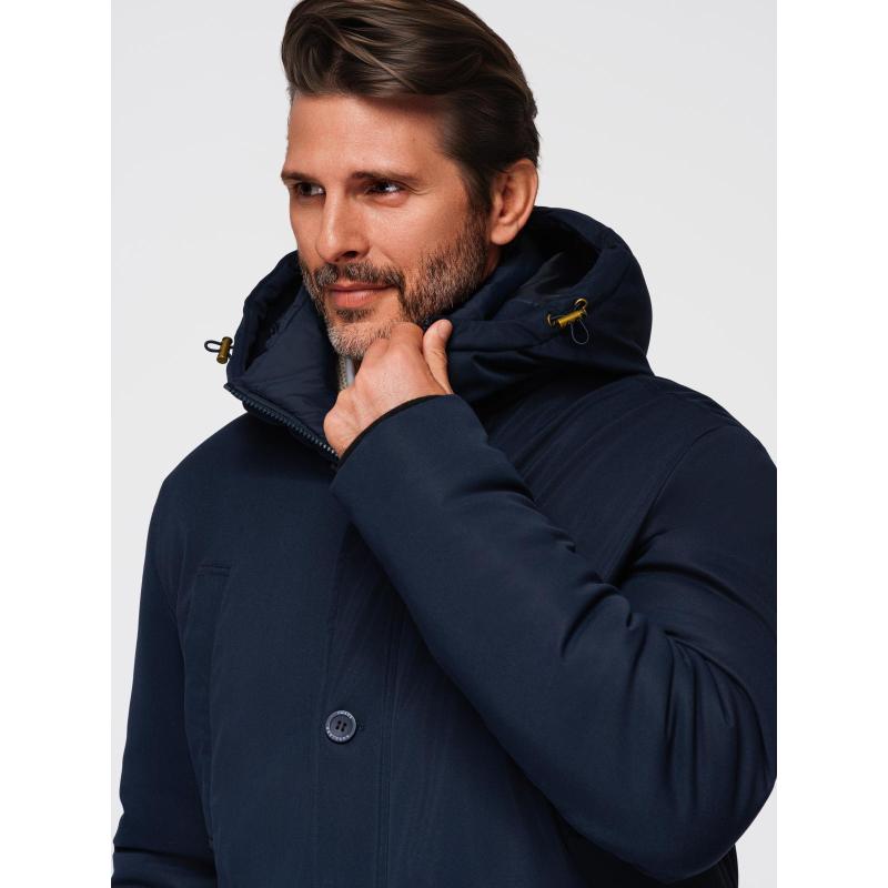 Elegáns férfi kabát zsebekkel és kapucnival – sötétkék V2 OM-JAPJ-0287