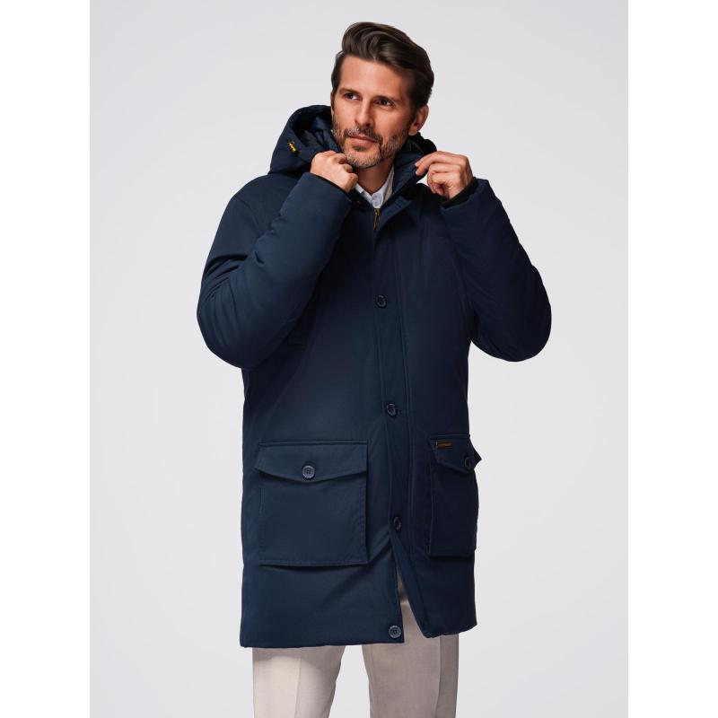 Elegáns férfi kabát zsebekkel és kapucnival – sötétkék V2 OM-JAPJ-0287