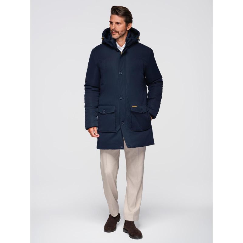 Elegáns férfi kabát zsebekkel és kapucnival – sötétkék V2 OM-JAPJ-0287