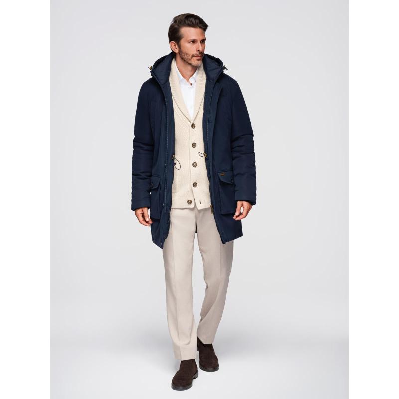 Elegáns férfi kabát zsebekkel és kapucnival – sötétkék V2 OM-JAPJ-0287