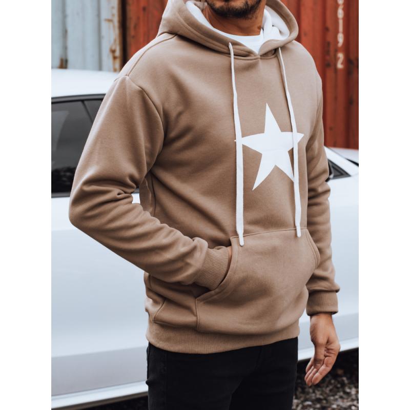 Férfi pulóver kapucnival, kamel