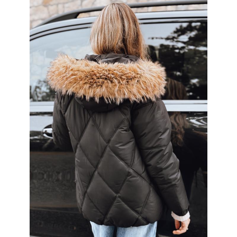 Női steppelt téli kabát kapucnival, fekete