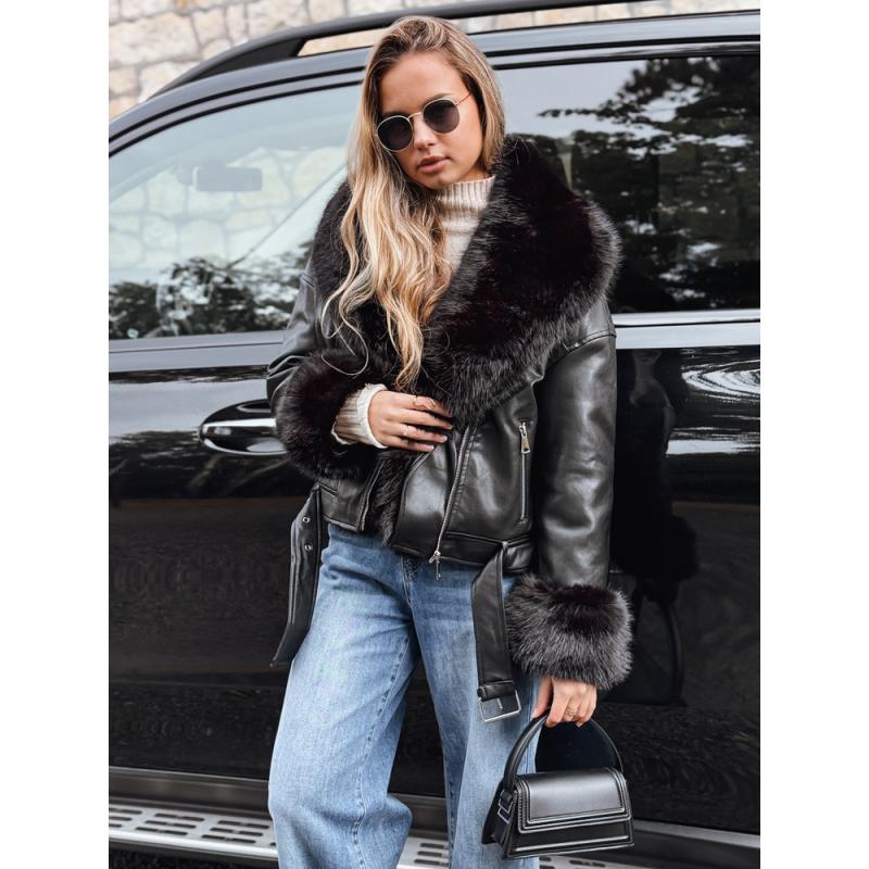 Női motoros kabát szőrme gallérral, fekete
