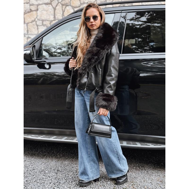 Női motoros kabát szőrme gallérral, fekete