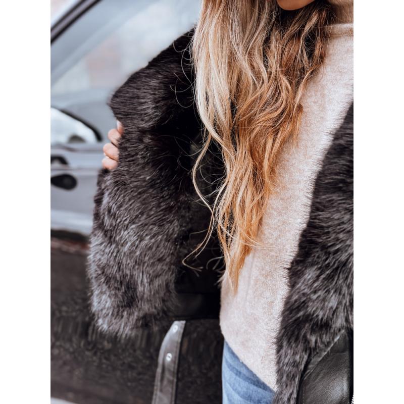 Női motoros kabát szőrme gallérral, fekete