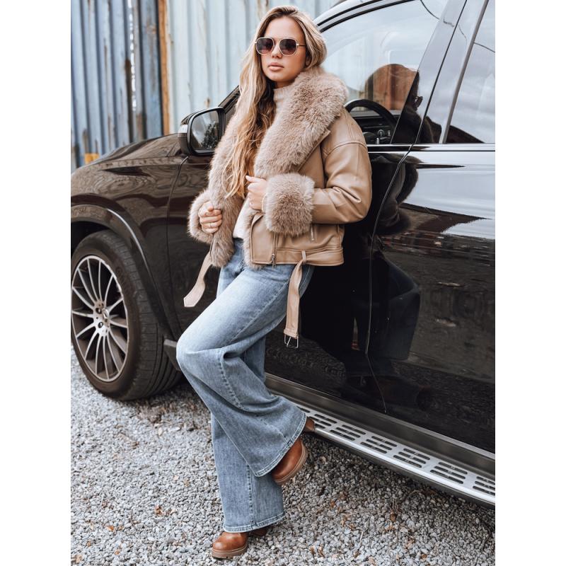 Női motoros kabát szőrme gallérral, bézs