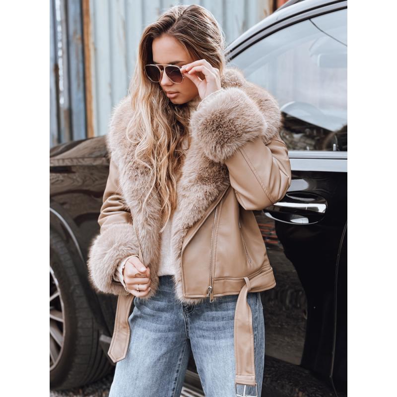 Női motoros kabát szőrme gallérral, bézs