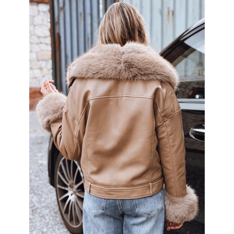 Női motoros kabát szőrme gallérral, bézs