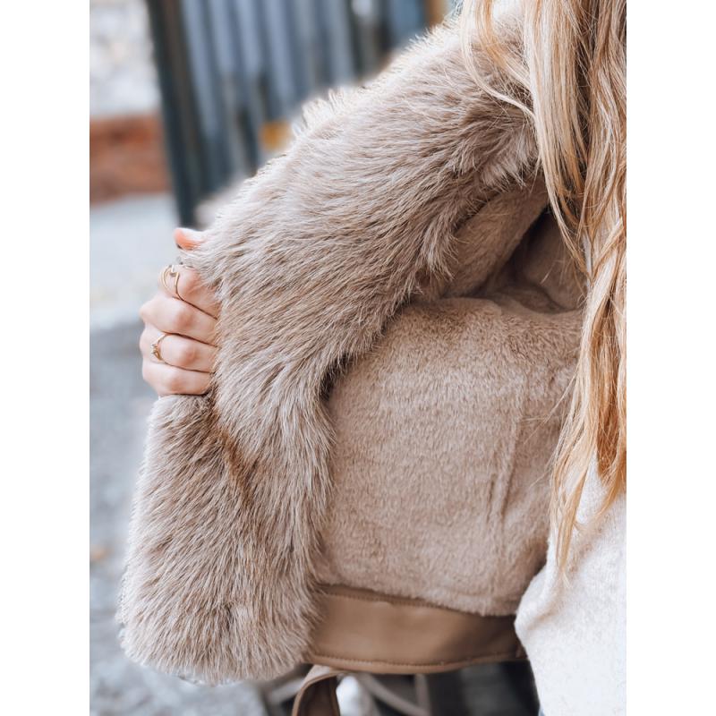 Női motoros kabát szőrme gallérral, bézs