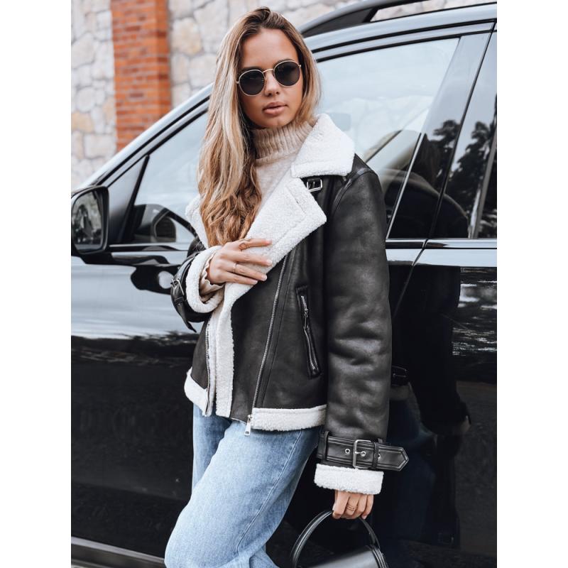 Dámska motorkárska bunda s kožušinou, čierna