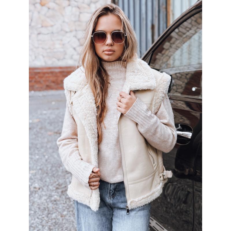 Dámska koženková vesta s kožušinou, béžová