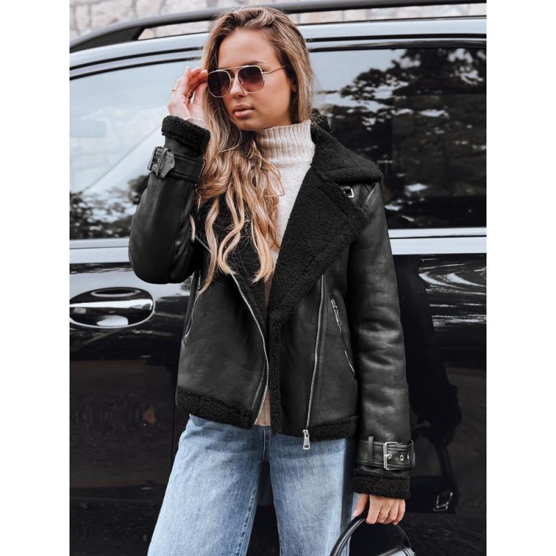Dámska motorkárska bunda s kožušinou, čierna