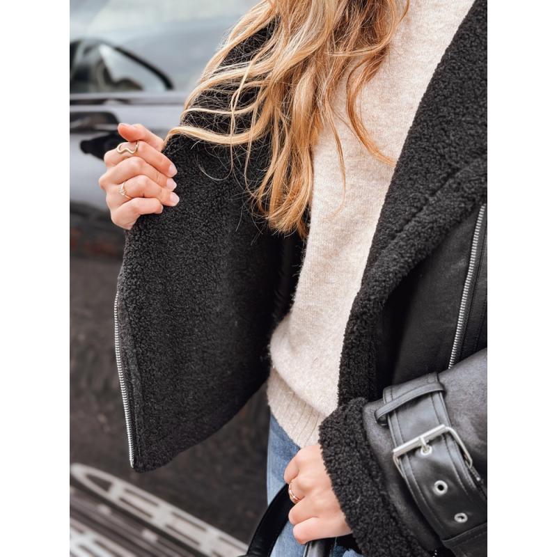 Dámska motorkárska bunda s kožušinou, čierna