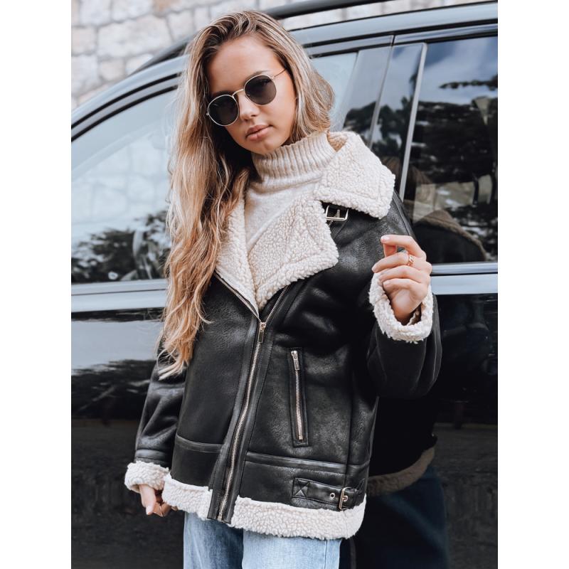 Női motoros kabát szőrme, fekete