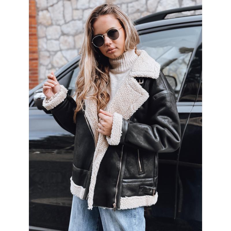 Női motoros kabát szőrme, fekete